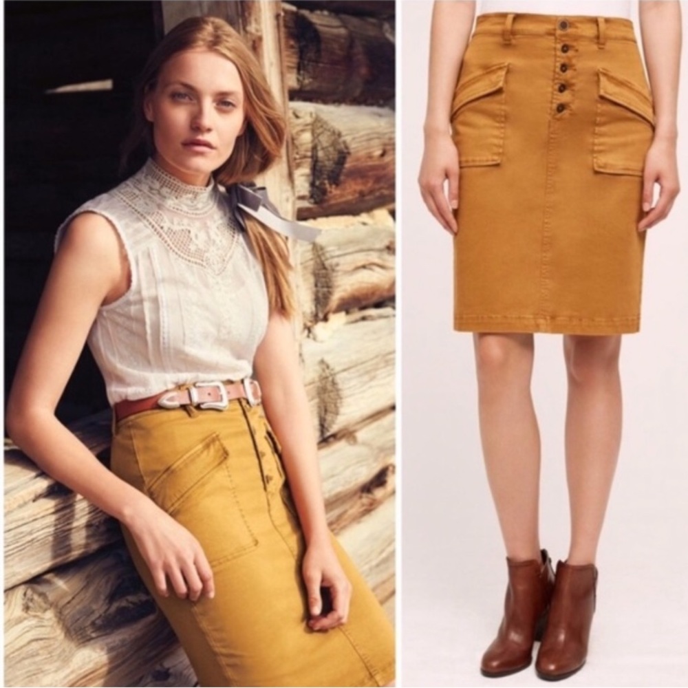 Pilcro Anthropologie  chino tan pencil button down skirt